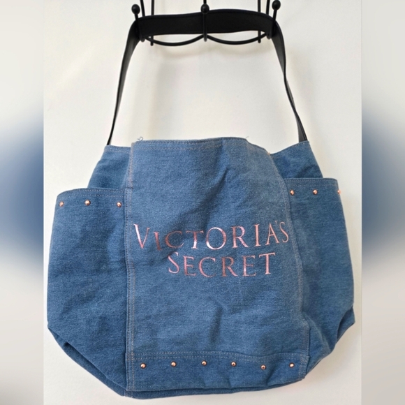Victoria's Secret Handbags - Victoria's Secret Y2K Denim Tote Bag Blue Jean Rose Gold Studded Bag